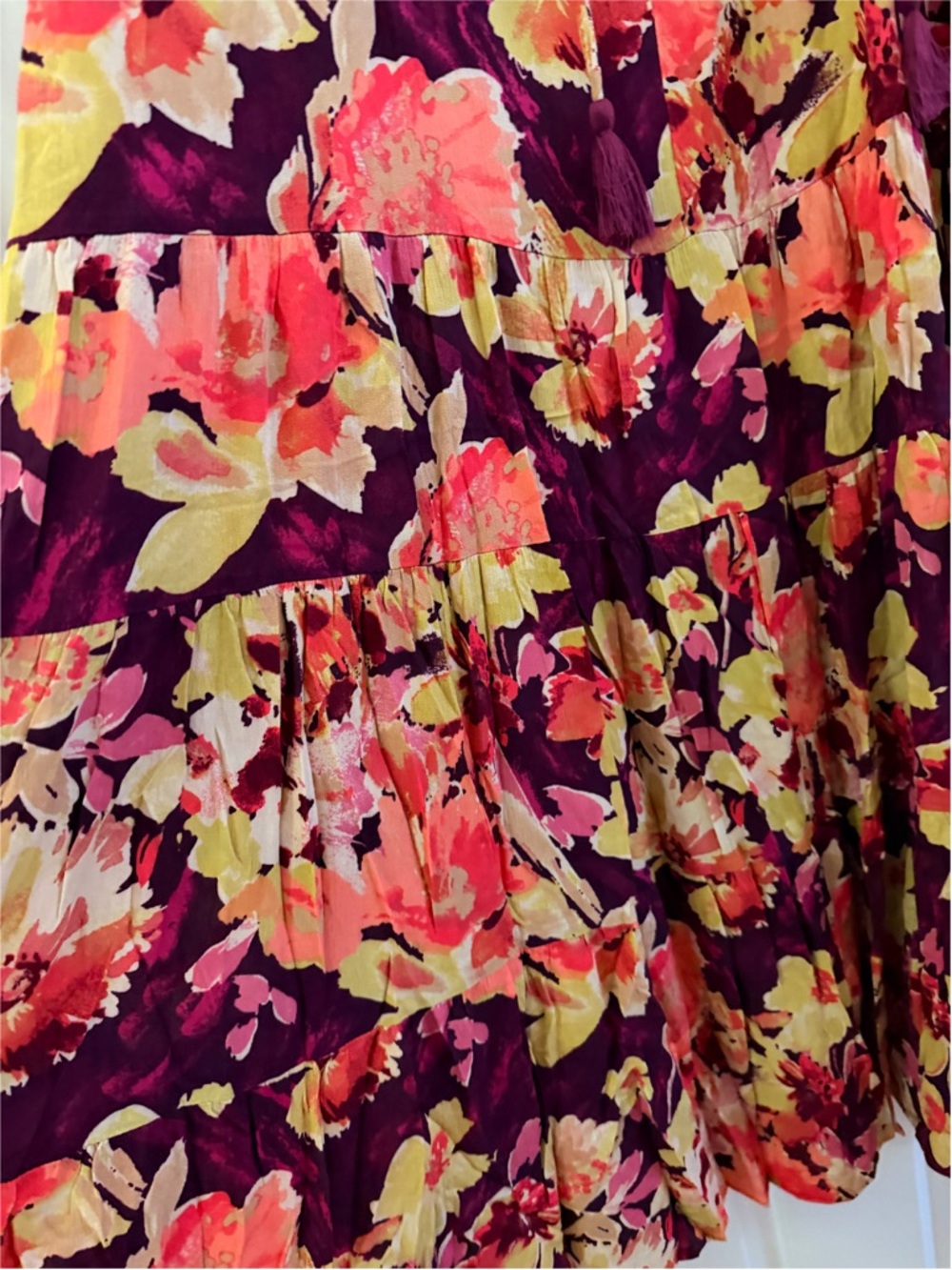 Easel Purple Multi Tiered Ruffle Floral Tassel Puff Sleeve Maxi Dress w/Pockets! - Picture 9 of 10